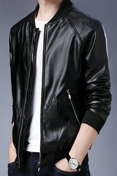 Basic Designed Zip Fly Side Pocket Stand Collar Long Sleeve Regular Fit Leather Jacket for Men