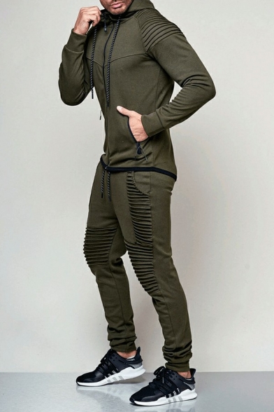 Basic Set Plain Drawstring Pleated Detail Zipper Down Long-Sleeved Hoodie & Pants Slim Fit Set for Guys