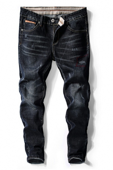 Basic Washing Jean Dark Wash Mid Rise Pocket Detail Zipper up Long Length Regular Fit Jeans for Men