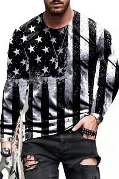 Boyish T-Shirt Eagle Pattern Round Neck Long Sleeves Fitted T-Shirt for Men
