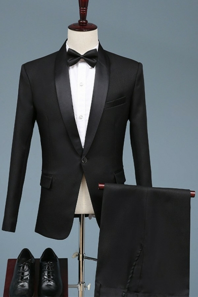 Chic Suit Set Solid Color Pocket Spread Collar Long Sleeve Single Button with Pants Slim Blazer Set for Men