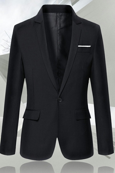 Comfortable Mens Jacket Suit Pure Color Long-Sleeved Single Button Slim Fitted Suit with Pockets