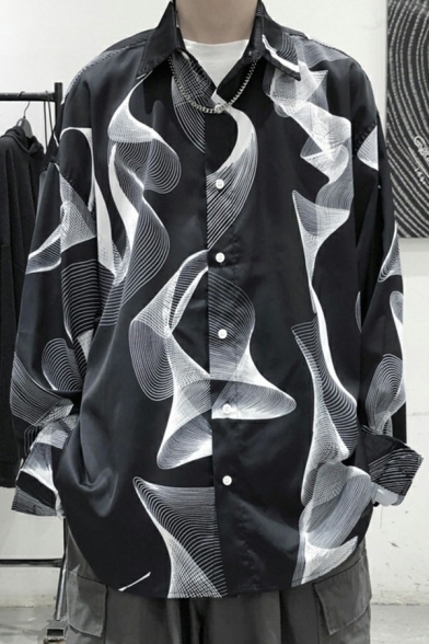 Dashing Shirt Abstract Print Button Up Turn Down Collar Baggy Long Sleeve Shirt for Guys