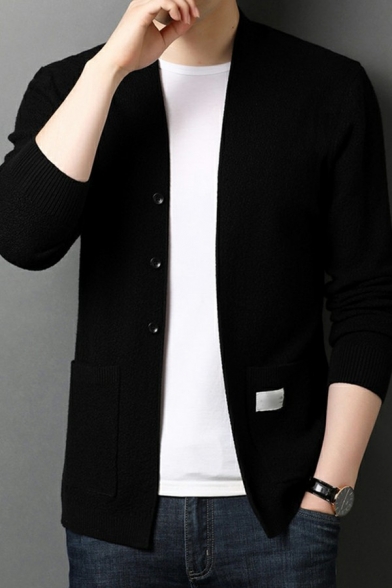 Edgy Cardigan Solid Color Label Designed Collarless Relaxed Long Sleeves Open Front Cardigan for Men