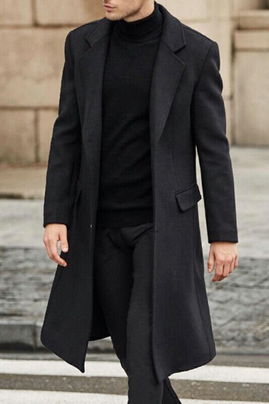 Edgy Mens Overcoat Solid Color Single-Breast Knee Length Long Sleeve Lapel Collar Regular Fit Overcoat