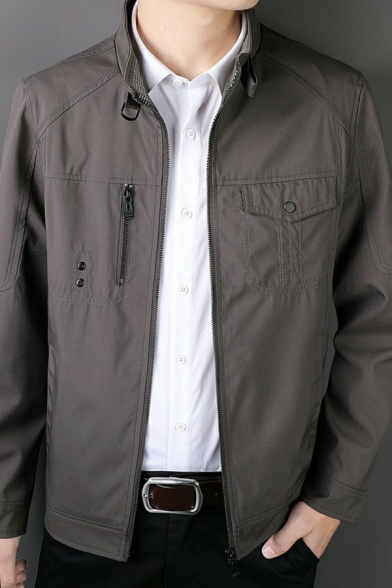 Elegant Boys Jacket Solid Color Zip-up Detailed Long Sleeve Stand Collar Regular Zip Fly Jacket