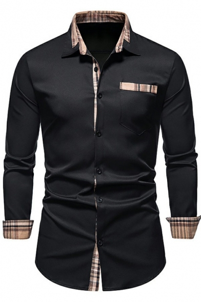 Elegant Shirt Turn-Down Collar Checked Print Button Up Long Sleeve Slim Fit Shirt for Men