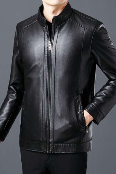 Fashionable Men Jacket Pure Color Long Sleeve Stand Collar Regular Fit Zip Down Leather Jacket