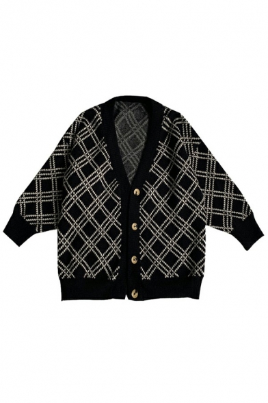 Fashionable Men's Cardigan Colorblock Plaid Button Up V-Neck Long Sleeve Loose Fit Cardigan