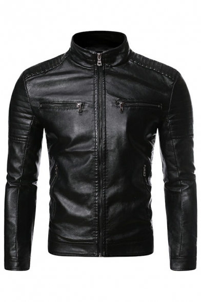 Guy's Novelty Jacket Pure Color Chest Pocket Slim Stand Collar Long Sleeves Zipper Leather Jacket