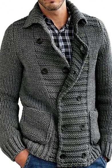 Guys Creative Cardigan Plain Pocket Lapel Collar Relaxed Fit Long Sleeves Double Breasted Cardigan