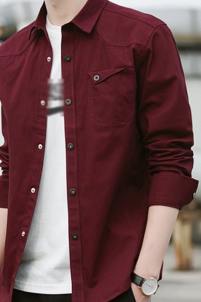 Guys Simple Solid Color Shirt Button Closure Chest Pocket Long-Sleeved Turn down Collar Fitted Shirt