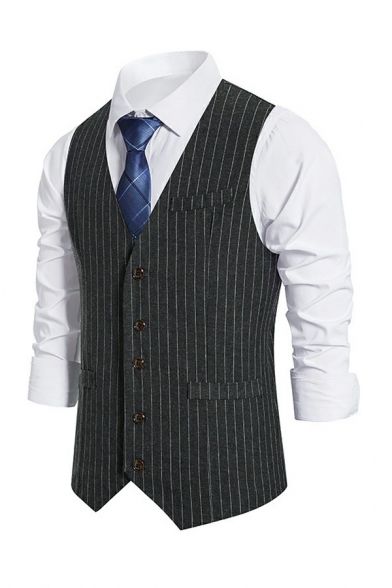 Guys Trendy Vertical Striped Suit Vest V-Neck Belt Back Single Breasted Slim Cut Suit Vest
