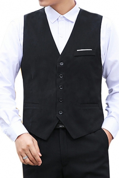Guys Urban Vest Whole Colored Pocket Detail Back Belt Button Closure V-Neck Fit Sleeveless Vest