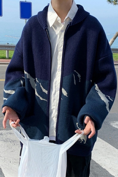 Hip-hop Cardigan Figure Pattern Collar Long Sleeve Zipper Placket Oversized Cardigan for Guys
