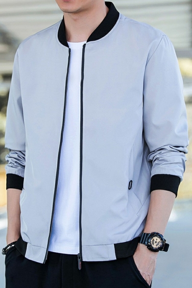 Leisure Mens Varsity Jacket Pure Color Zip up Long Sleeves Stand Collar Regular Fit Jacket