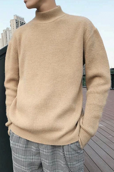 Leisure Pullover Whole Colored Mock Neck Relaxed Fit Long Sleeve Pullover for Guys
