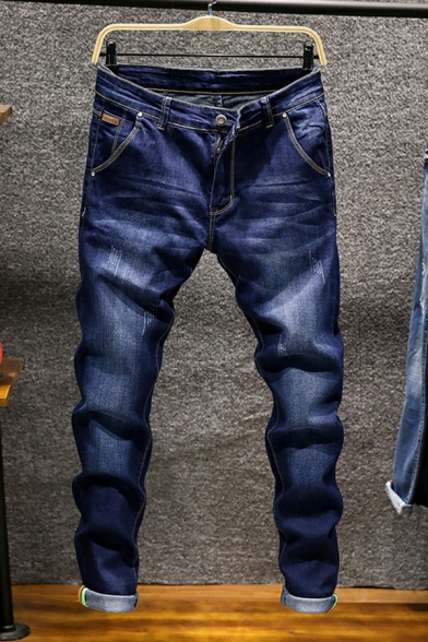 Men Freestyle Denim Pants Faded Effect Pattern Zip-Fly Front Pocket Slim Long Denim Pants
