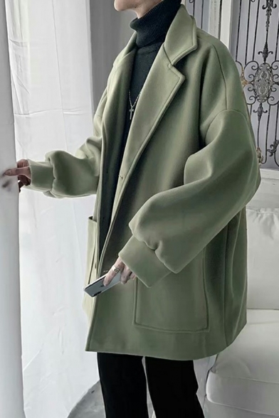Men Pop Coat Solid Color Long Sleeves Lapel Collar Pocket Detailed Button Up Oversized Coat