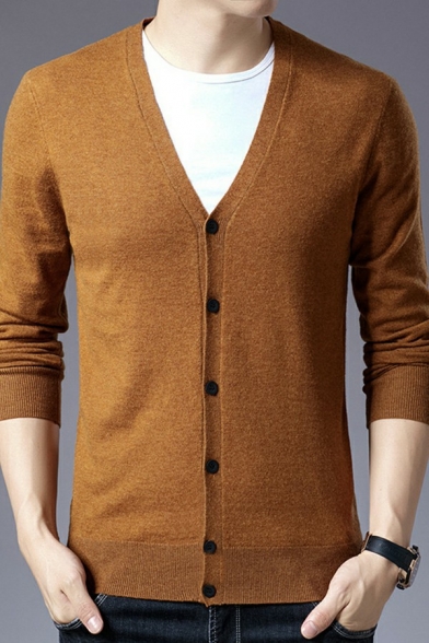 Men Retro Cardigan Pure Color Button-up V-Neck Long-sleeved Fitted Cardigan