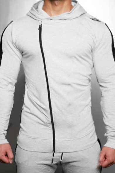 Men Urban Hoodie Contrast Color Asymmetric Zip Long-sleeved Slim Fit Hoodie