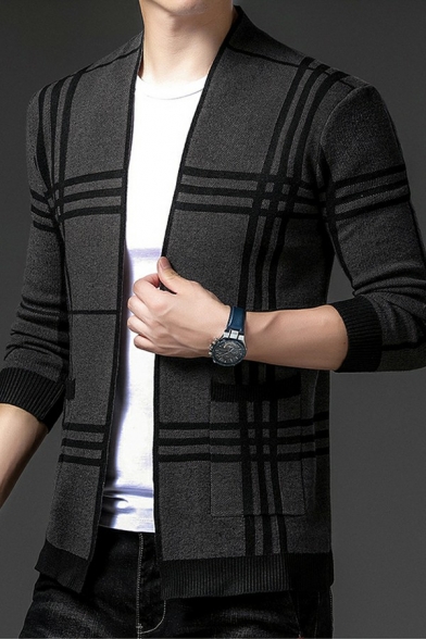 Mens Dashing Cardigan Plaid Cartoon Pattern Long Sleeve V-Neck Open Front Slim Fitted Cardigan Sweater
