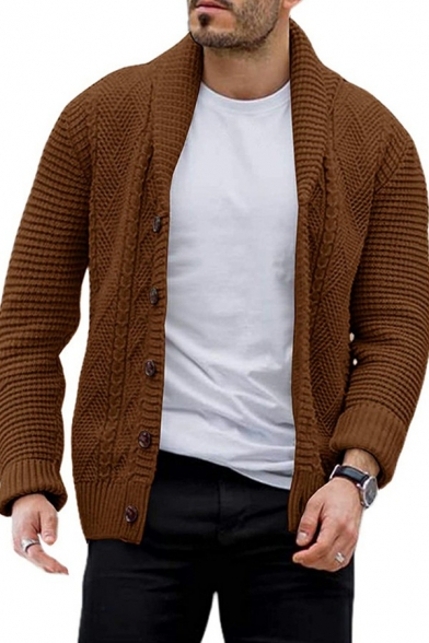Mens Retro Cardigan Whole Colored Shawl Collar Skinny Long Sleeve Button Closure Cardigan