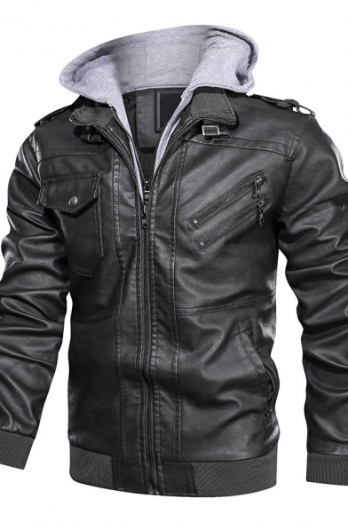 Modern Jacket Pure Color Chest Pocket Long Sleeves Slim Fit Hooded Leather Jacket for Men