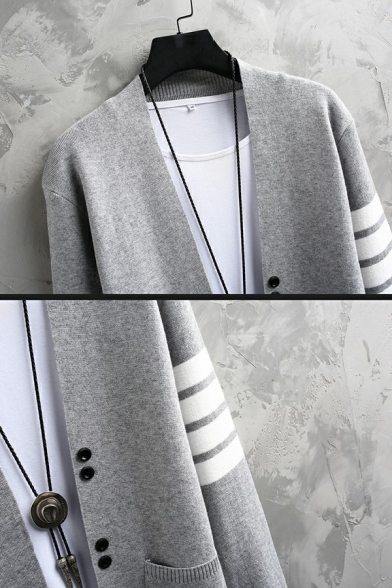 Pop Mens Cardigan Arm Stripe Printed Regular Fit Long Sleeve Stand Collar Open Front Cardigan