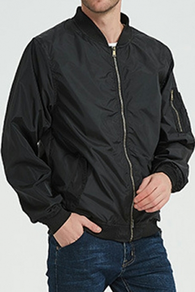 Popular Bomber Jacket Plain Stand Collar Full-Zip Long-Sleeved Regular Fit Bomber Jacket for Men