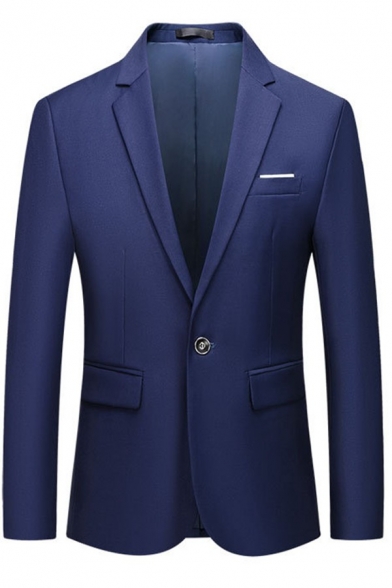 Simple Mens Jacket Suit Plain Long-Sleeved Single Button Pocket Detail Slim Fitted Suit