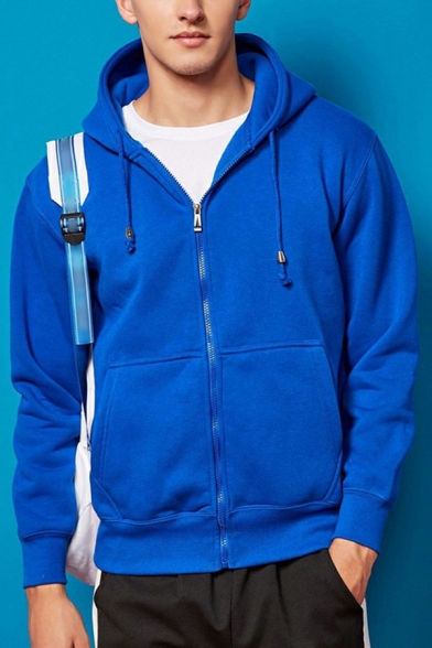 Simple Plain Men's Hoodie Zip Fly Front Pockets Long Sleeves Fitted Drawstring Hooded Sweatshirt