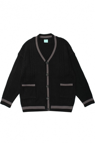 Stylish Guys Cardigan Contrast Panel V-Neck Button Up Cable Knit Long Sleeve Loose Fit Knitted Cardigan