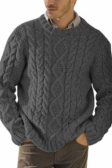 Stylish Men's Sweater Pure Color Long-Sleeved Round Neck Regular Fit Pullover Sweater