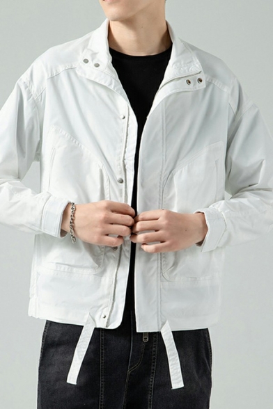 Stylish Solid Color Mens Jacket Spread Collar Zip Closure Long Sleeve Relaxed Fit Casual Jacket