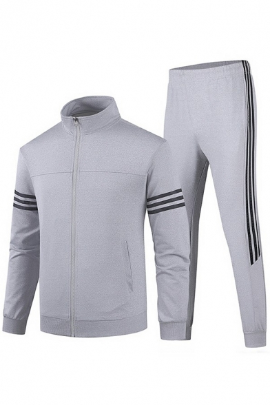 Trendy Co-ords Arm Stripe Pattern Zipper Placket Stand Collar Rib Hem Sweatshirt & Pants Fitted Co-ords for Guys