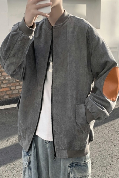 Trendy Guys Bomber Jacket Color Block Patchwork Zip Placket Baggy Long Sleeve Varsity Jacket