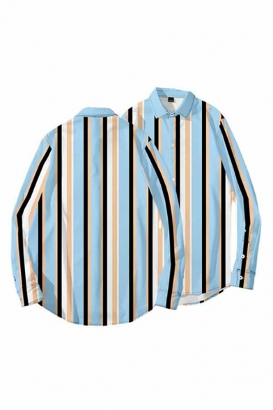 Unique 3D Checked Print Mens Shirts Button Closure Turn-Down Collar Long-Sleeved Loose Fit Shirts