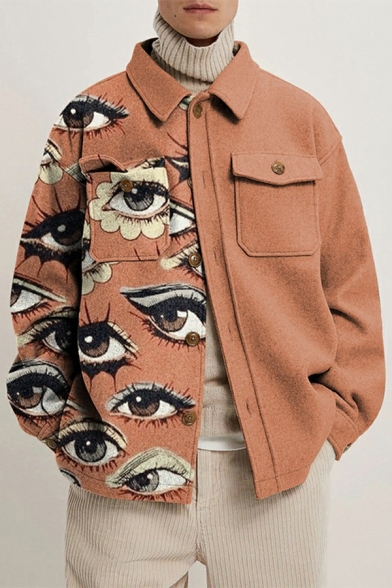 Unique Guys Jacket Eyes Print Button Fly Collar Pocket Detail Long Sleeves Jacket
