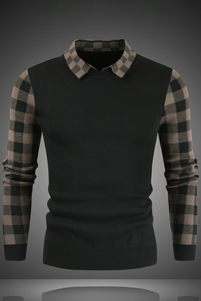 Unique Men's Sweater Contrast Color Fake two-piece Lapel Collar Long Sleeves Slim Fitted Pullover Sweater