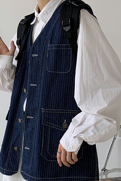 Vintage Vertical Striped Vest Multi-Pocket Button Closure V-Neck Denim Vest for Men