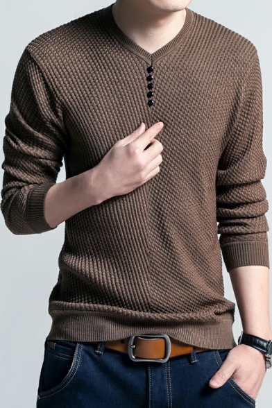 Basic Men's Sweater Plain V-Neck Long Sleeves Button Detail Loose Fit Pullover Sweater