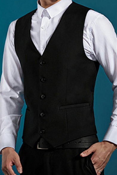Business Vest Belt Back Single-Breasted Pocket Detail V-Neck Sleeveless Slimming Men’s Vest