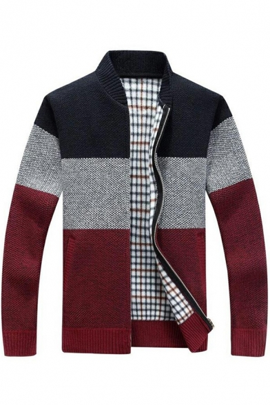 Casual Cardigan Whole Colored Plaid Lined Regular Stand Collar Long Sleeve Zip Up Cardigan for Guys