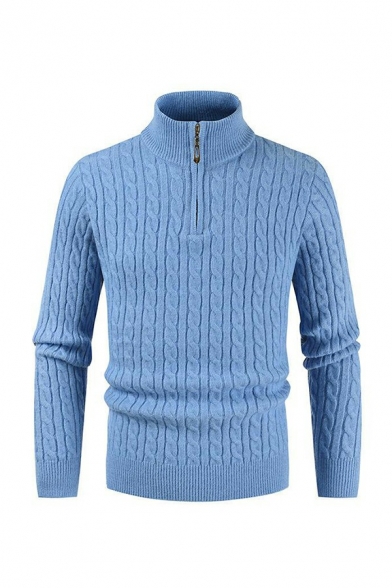 Casual Men's Sweater Solid Color Mock Neck Zip Detail Long Sleeve Slim Fit Pullover Sweater