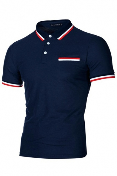 Casual Mens Polo Shirt Contraat Trim Button Detail Short Sleeve Turn down Collar Slim Polo Shirt