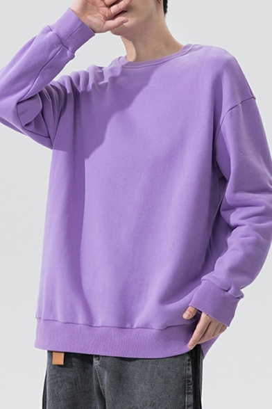 Chic Hoody Solid Color Round Neck Rib Cuffs Long-Sleeved Loose Hoody for Men