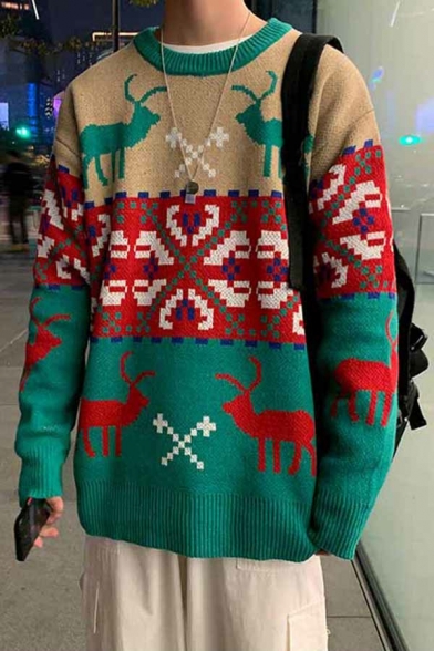Chic Men's Sweater Deer Pattern Crew Neck Long Sleeves Loose Fitted Sweater