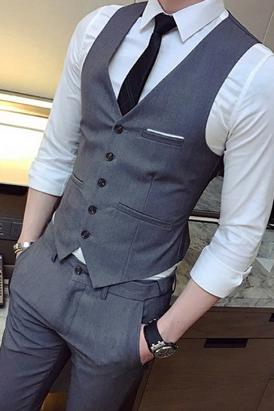 Chic Mens Vest Solid Color Pocket Detail Single Breasted V-Neck Slim Fit Vest