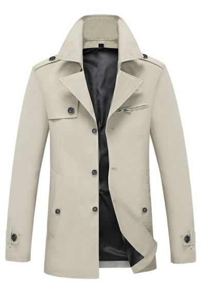 Comfortable Men's Trench Coat Solid Color Suit Collar Button up Long Sleeve Trench Coat with Pocket